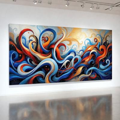 The primary subject of the image is a large, colorful painting displayed on a white wall. The painting features a variety of colors and patterns, creating a vibrant and lively atmosphere. The setting is a room with a white wall, which serves as the perfect backdrop for the painting. The visual style of the image is a combination of artistic expression and digital art, as the painting is displayed on a white wall, which is a common presentation for digital art.